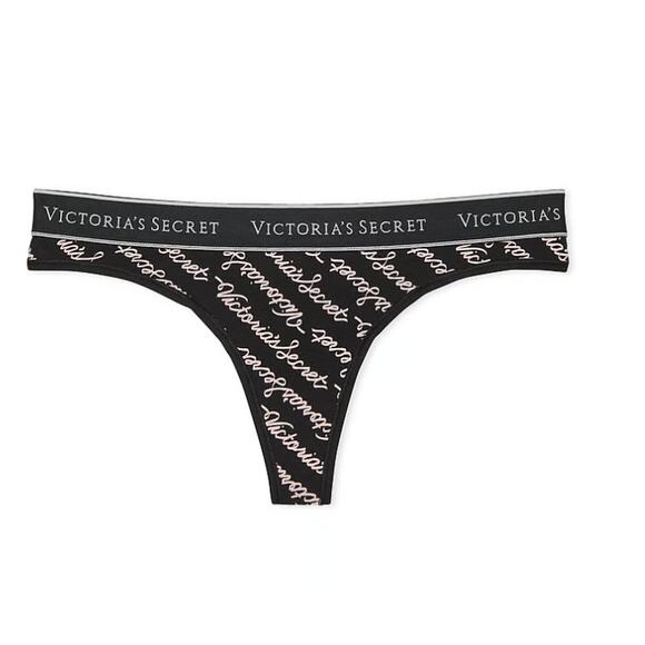 Victoria's Secret Women's Panties Size L Black Logo Script Cotton Thong - Picture 2 of 4